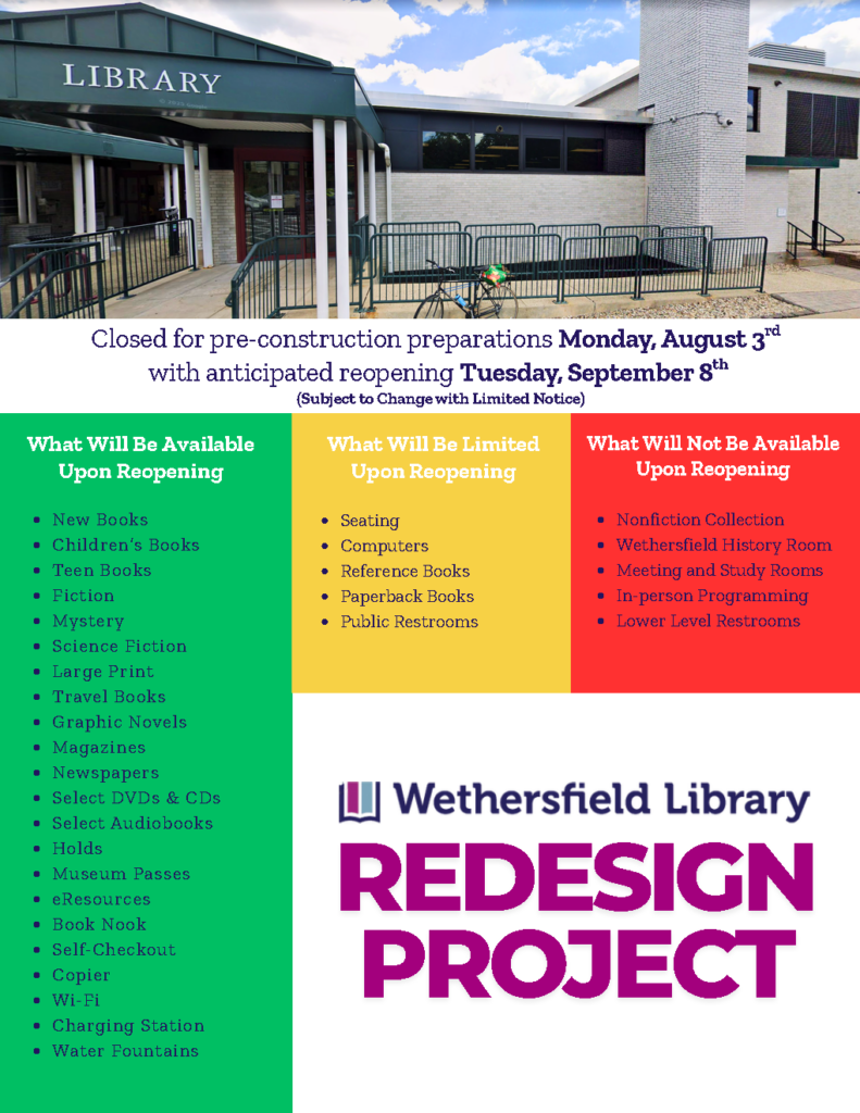 What will be available upon reopening: New Books Children’s Books Fiction Mystery Science Fiction Large Print Travel Books Graphic Novels Teen Books Magazines Newspapers Select DVDs Select Audiobooks Museum Passes eResources Holds Book Nook Self-Checkout Copy Machine Wi-Fi Charging Station Water Fountain What will be limited upon reopening: Seating Computers Reference Books Paperback Books CDs What will not be available upon reopening: Wethersfield History Room Meeting and Study Rooms In-person Programming Lower Level Restrooms Nonfiction Collection